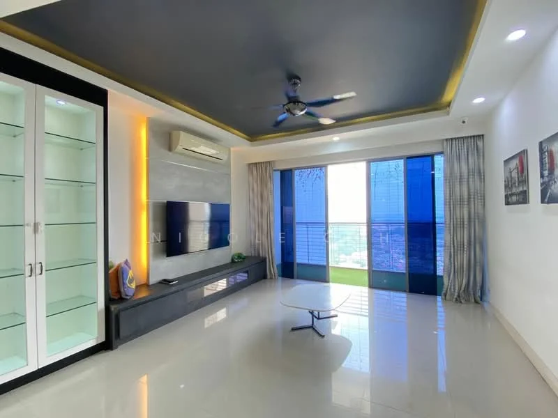 Living features: grey accent wall, white painted walls, polished tile flooring, 5-blade ceiling fan with light, floor-to-ceiling windows, sliding glass door, curtains, built-in TV console, glass display cabinet, coffee table; style: modern; view: city.