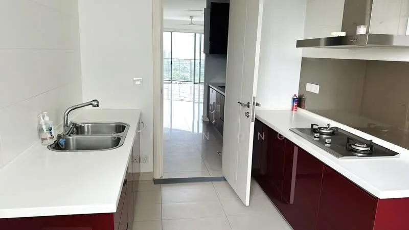 Kitchen features: double-bowl stainless-steel sink, chrome pull-down faucet, white quartz countertop, red cabinetry, built-in gas hob, exhaust hood, wall-mounted cabinets, tile flooring, recessed downlights, floor-to-ceiling windows, open layout to living area; style: modern; view: city.
