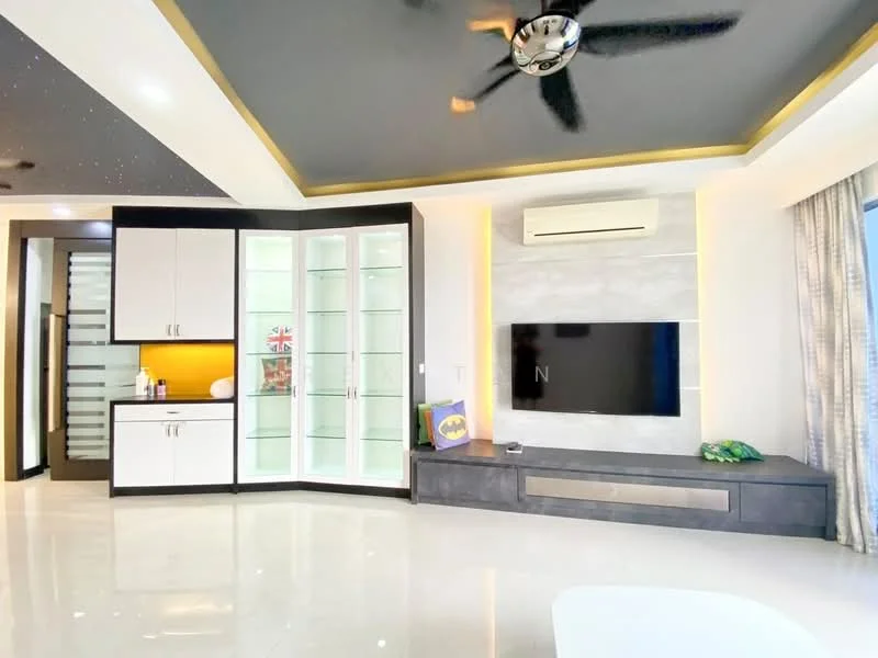 Living features: white painted walls, black ceiling with recessed lighting, glossy tile flooring, 5-blade ceiling fan, built-in TV console, wall-mounted TV, glass display cabinet with white cabinetry, decorative items on shelves, large windows with sheer curtains, air conditioning unit; style: modern.