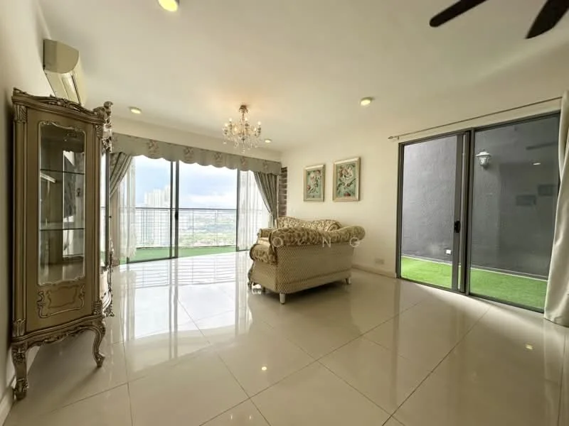 Living features: cream painted walls, white ceiling, recessed downlights, chandelier, floor-to-ceiling windows, sliding glass door, curtains, marble tile flooring, sofa in light fabric, decorative cabinet, green view from windows, area rug; style: contemporary; view: city. Room features: green lawn area visible through sliding door.