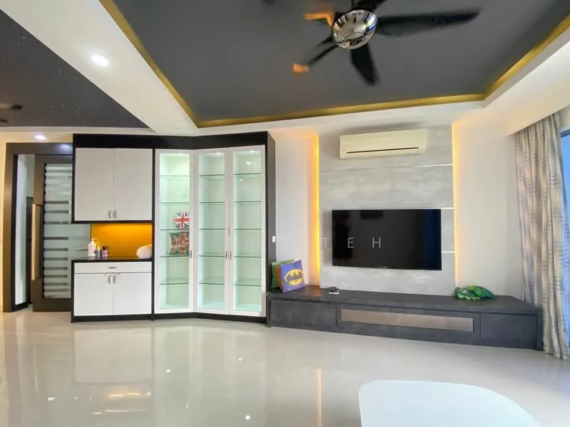 Living features: white painted walls, black ceiling with recessed lighting, glossy tile flooring, built-in TV console, wall-mounted TV, glass display cabinet with LED lighting, air conditioning unit, curtains, decorative wall art, ceiling fan with 5 blades; style: modern.