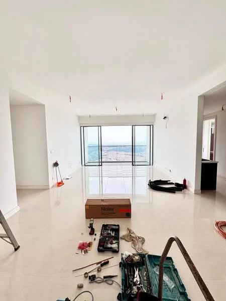 Living features: white painted walls, marble tile flooring, floor-to-ceiling windows, city view, recessed downlights, open layout, unfinished space with tools and equipment, sliding glass door, crown moulding; style: modern; view: city.