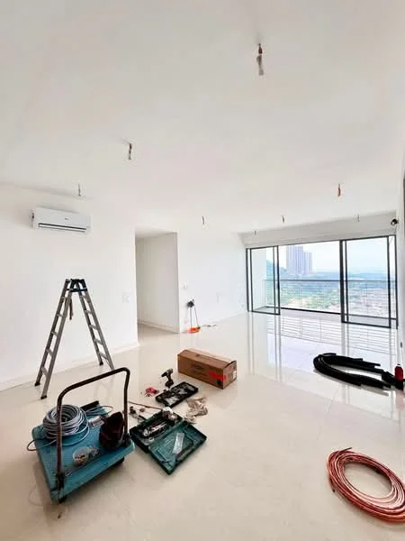 Room features: white painted walls, polished tile flooring, exposed ceiling with light fixtures, 1 wall-mounted split AC, large floor-to-ceiling windows, city view, ladder, tools and equipment scattered on the floor; style: modern; view: city.
