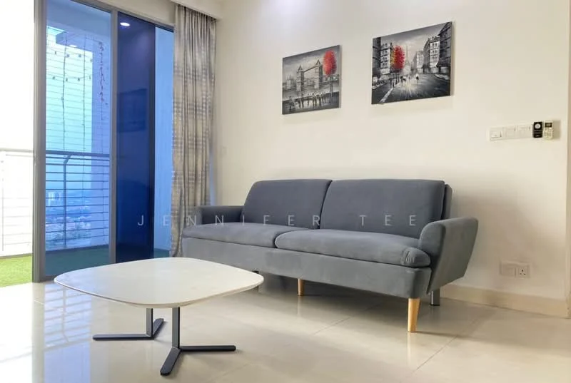 Living features: grey fabric 3-seater sofa, white coffee table with black legs, white painted walls, polished ceramic tile flooring, floor-to-ceiling windows, sheer curtains, framed artwork on walls, greenery view from window; style: modern; view: garden.