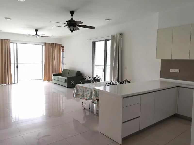 Living features: large sliding glass door, floor-to-ceiling windows, cream painted walls, white ceiling, 5-blade ceiling fan with light, grey fabric sofa, dining table with chairs, polished tile flooring, curtains, open layout, kitchen island with countertop; style: modern; view: city.
