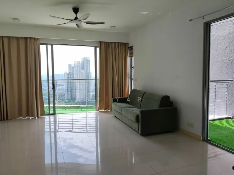 Living features: 3-seater fabric sofa in green, floor-to-ceiling windows, sliding glass door, curtains in beige, white painted walls, polished tile flooring, ceiling fan, balcony view, city skyline view, decorative wall, natural light; style: modern; view: city.