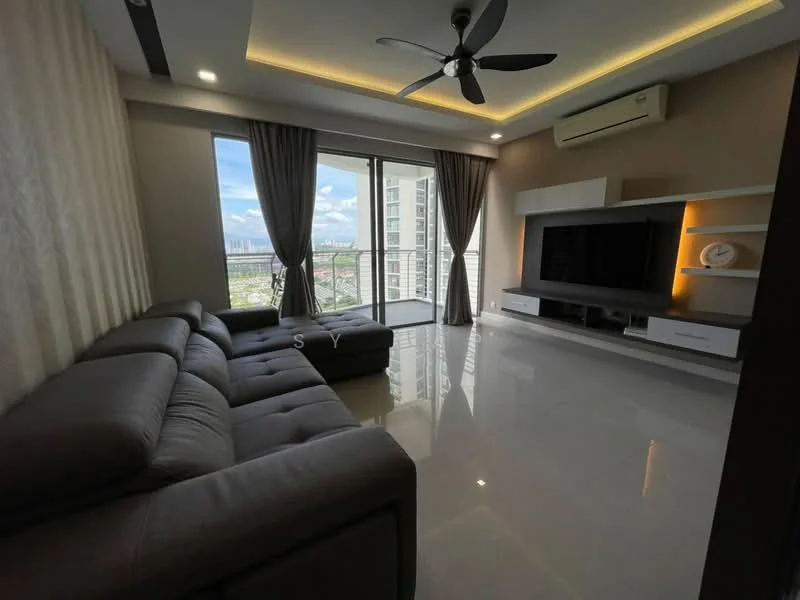 Living features: L-shape sectional sofa in grey, floor-to-ceiling windows, sliding glass door, white painted walls, recessed downlights, ceiling fan, TV console with built-in storage, marble flooring, curtains, view of city skyline; style: modern; view: city.
