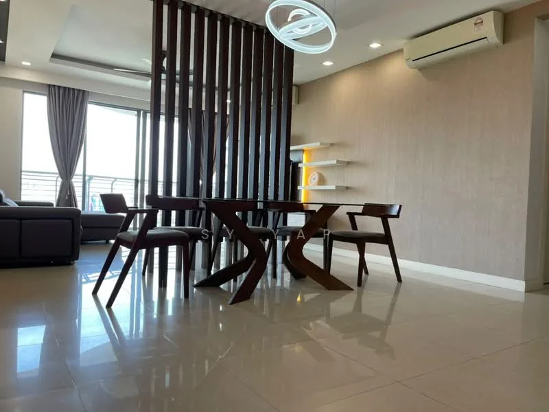 Dining features: dining table with unique wooden base, 4 wooden dining chairs, large floor-to-ceiling window, grey curtains, light-colored wall with texture, recessed ceiling lights, air conditioning unit on wall, polished tile flooring, decorative wall shelf with items; style: modern; view: city. Living features: sectional sofa in dark color, coffee table, decorative wall with wooden slats, open layout to dining area; style: modern; view: city.