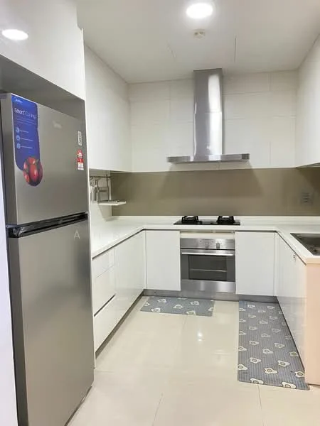 Kitchen features: white cabinetry, stainless-steel fridge, built-in oven, 4-burner gas hob, stainless-steel range hood, white countertop, grey backsplash, tile flooring, kitchen mat; style: modern.