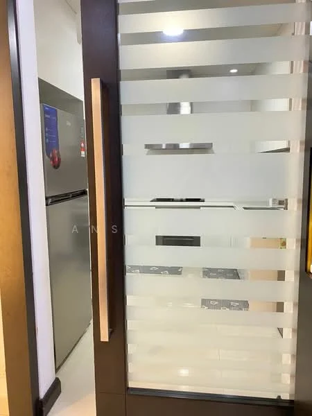 Room features: frosted glass door with horizontal stripes, stainless-steel fridge, kitchen countertop, kitchen cabinetry, tile flooring, recessed lighting; style: modern.