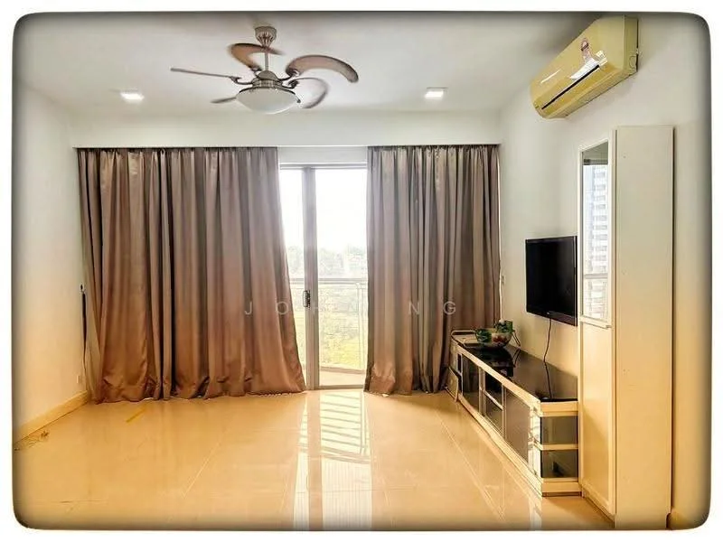 Living features: 5-blade ceiling fan with light, wall-mounted TV, TV console, sliding glass door, floor-to-ceiling windows, cream curtains, white painted walls, glossy tile flooring, wall-mounted air conditioning unit, decorative mirror; style: modern; view: garden.