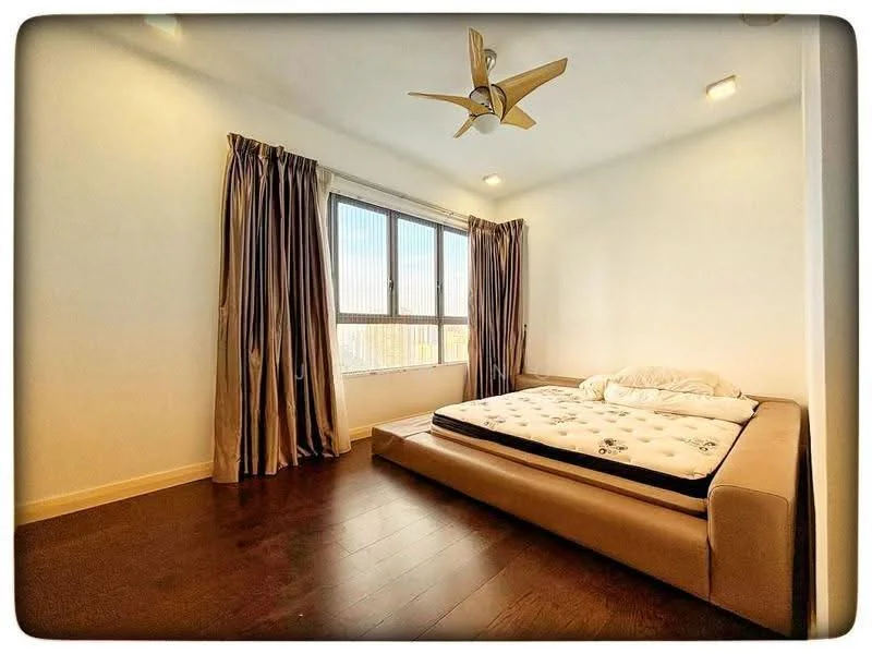 Bedroom features: queen-size bed, upholstered bed frame, wooden flooring, floor-to-ceiling windows, sheer curtains, 5-blade ceiling fan with light, recessed downlights, decorative wall, neutral wall color; style: modern; view: city.