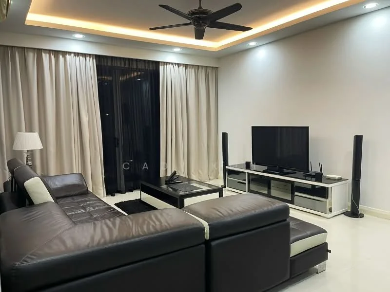 Living features: L-shape sectional sofa in dark brown leather, white accent cushions, black coffee table, TV console in white with storage, wall-mounted flat-screen TV, 2 tall black speakers, recessed LED downlights, tray ceiling with ambient lighting, floor-to-ceiling curtains in cream, cream painted walls, glossy tile flooring, black area rug; style: modern.