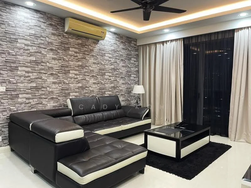 Living features: 3-seater sectional sofa in black and white, coffee table with black surface, area rug in black, stone accent wall with grey tones, white painted walls, recessed LED downlights, ceiling fan with light, floor-to-ceiling windows with sheer curtains, blackout curtains, laminate flooring; style: modern.