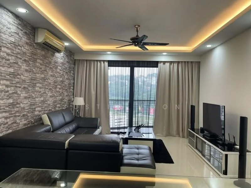 Living features: 3-seater leather sofa in black, ottoman with storage, coffee table, TV console, wall-mounted TV, stone accent wall, white painted walls, recessed LED downlights, ceiling fan with light, floor-to-ceiling windows with sheer curtains, marble flooring, decorative wall panels; style: modern; view: city.
