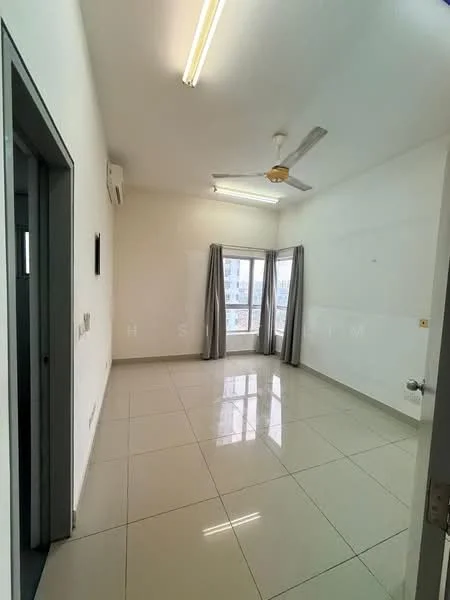 Room features: white painted walls, glossy ceramic tile flooring, ceiling fan, 2 large windows with sheer curtains, air conditioning unit, light fixtures on ceiling, neutral color scheme, no visible furniture; style: modern; view: city.