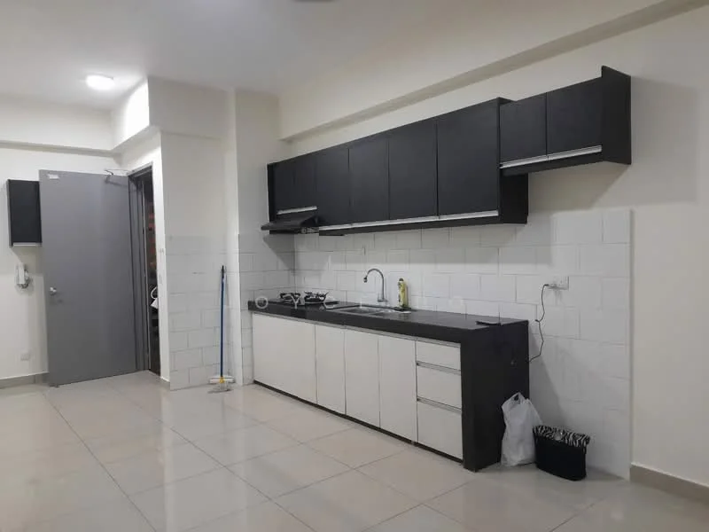 Kitchen features: black upper cabinets, white lower cabinets, grey countertop, stainless-steel sink, chrome pull-down faucet, built-in gas hob, exhaust hood, white tiled backsplash, ceramic tile flooring, recessed ceiling lights, wall-mounted electrical outlets, open layout, doorway to hallway, window for natural light; style: modern.