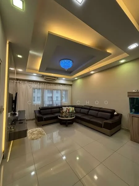 Living features: L-shape sectional sofa in dark brown leather, round coffee table, wall-mounted TV, TV console, recessed ceiling with LED lighting, chandelier with blue accent light, cream painted walls, glossy tile flooring, floor-to-ceiling windows with sheer curtains, air conditioning unit, decorative wall with aquarium; style: modern.