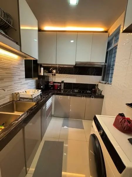 Kitchen features: black granite countertop, white upper cabinets, grey lower cabinets, stainless-steel double-bowl sink, chrome pull-down faucet, built-in oven, stainless-steel range hood, 4-burner gas hob, white ceramic tile backsplash, recessed LED downlights, floor tiles in cream, washing machine, window with sheer curtains, kitchen utensils on countertop; style: modern.