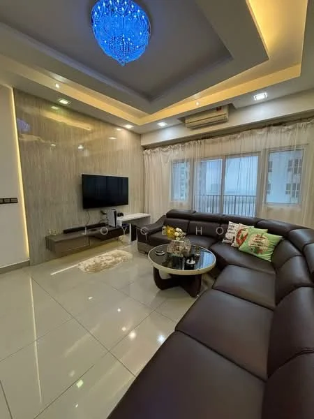 Living features: L-shape sectional sofa in brown leather, glass coffee table, wall-mounted TV, decorative wall with marble finish, recessed LED downlights, chandelier with blue light, floor-to-ceiling windows with sheer curtains, air conditioning unit, area rug, decorative cushions; style: modern; view: city.