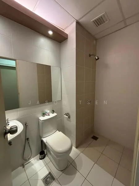 Bathroom features: white tiled walls, light grey tiled flooring, single-sink vanity, one-piece toilet, handheld shower, framed mirror, shower area with glass partition, ceiling light; style: modern.