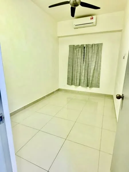 Room features: white painted walls, grey curtains, floor-to-ceiling window, wall-mounted split AC, ceramic tile flooring, ceiling fan, neutral color scheme, no visible furniture; style: minimalist.