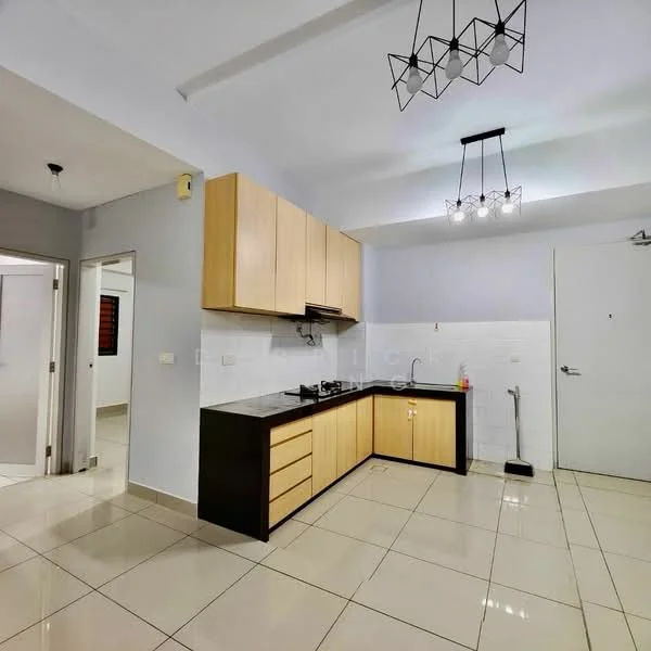 Kitchen features: light wood cabinetry, black countertop, stainless-steel sink, chrome pull-down faucet, built-in stove, exhaust hood, white tiled backsplash, ceramic tile flooring, recessed downlights, pendant lighting, open layout, wall-mounted cabinet, kitchen island, floor-to-ceiling windows, neutral wall color; style: modern.