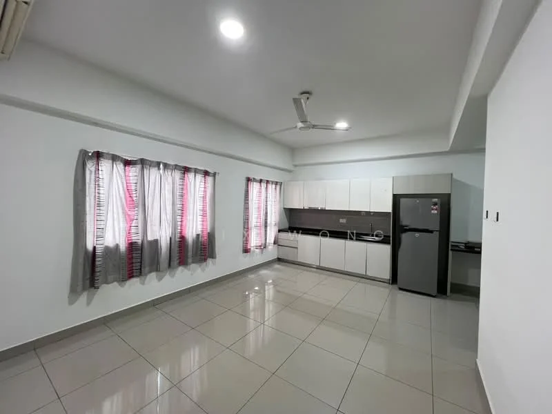Living features: white painted walls, grey tiled flooring, 5-blade ceiling fan with light, floor-to-ceiling windows with sheer curtains, kitchen cabinetry in white, stainless-steel fridge, countertop with backsplash, open layout, recessed lighting; style: modern.