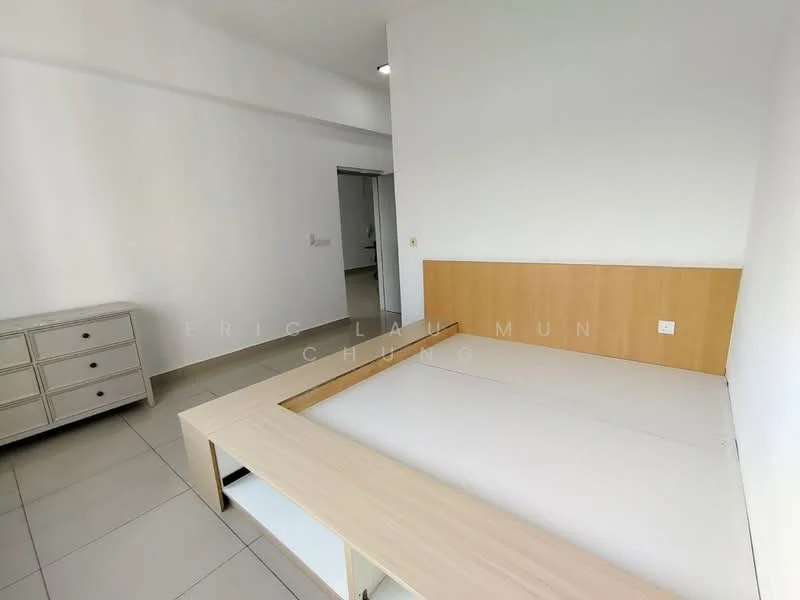 Bedroom features: queen-size bed with wooden headboard, built-in wardrobe, white walls, tile flooring, natural light from window, minimalist decor, neutral color palette, ceiling light fixture; style: modern.