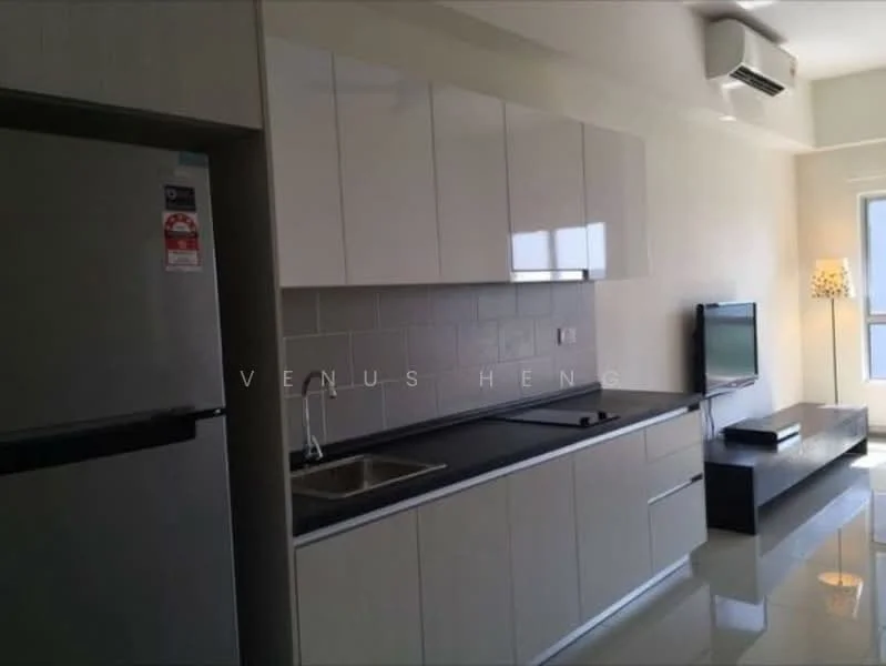 Kitchen features: stainless-steel fridge, single-bowl stainless-steel sink, chrome pull-down faucet, black countertop, white flat-panel cabinets, ceramic tile backsplash, wall-mounted TV, recessed downlights, wall-mounted split AC, polished tile flooring, decorative floor lamp; style: modern.