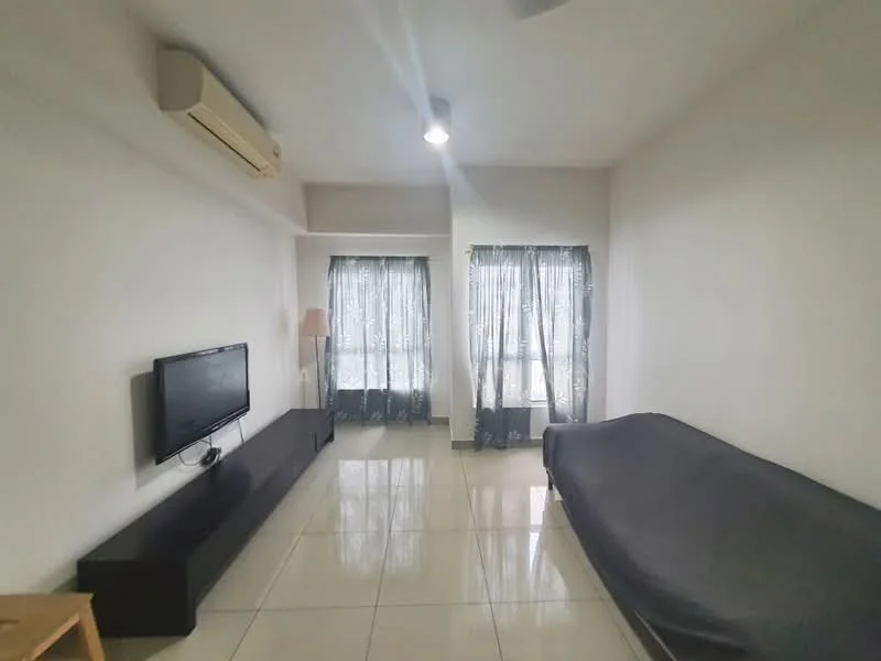 Living features: white painted walls, glossy tile flooring, ceiling fan, wall-mounted TV, black TV console, sofa covered with grey fabric, floor-to-ceiling windows, sheer curtains, lamp, natural light from windows; style: modern.