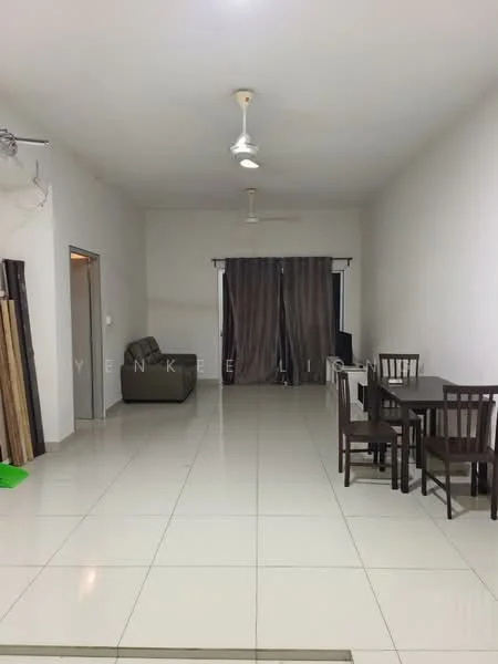 Living features: white painted walls, glossy ceramic tile flooring, 5-blade ceiling fan, sofa in grey, dining table for 4 with wooden chairs, curtains in dark grey, open layout, natural light from windows; style: modern.