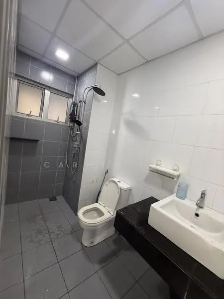Bathroom features: white tiled walls, grey tiled flooring, walk-in shower with glass partition, rain shower head, handheld shower, single-sink vanity with dark wood cabinet, chrome basin mixer faucet, toilet, window for natural light, towel rack; style: modern.