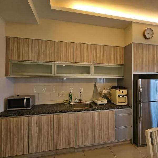 Kitchen features: light wood cabinetry, grey granite countertop, stainless-steel fridge, microwave, single-bowl stainless-steel sink, chrome pull-down faucet, glass upper cabinets, tile backsplash, recessed lighting, clock on wall, cream painted walls, ceramic tile flooring; style: modern.