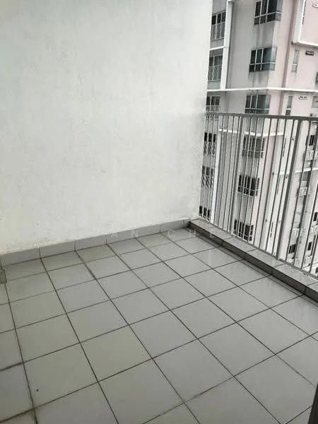 Room features: grey tiled flooring, white painted walls, metal railing, balcony space; view: city.