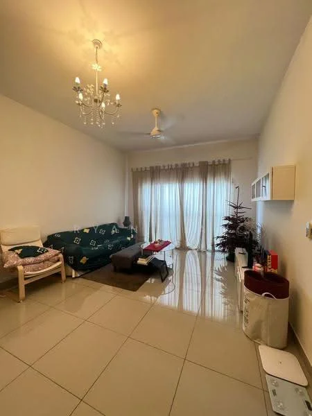 Living features: cream painted walls, glossy tile flooring, chandelier light fixture, ceiling fan, sofa with patterned upholstery, coffee table, TV console, floor-to-ceiling windows with sheer curtains, decorative plant, wall-mounted shelves; style: modern.