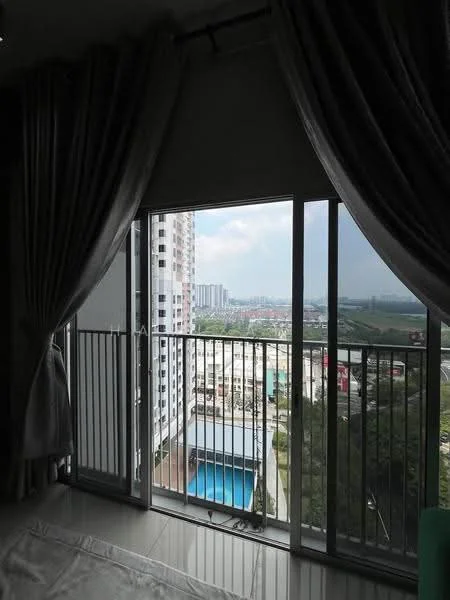 Room features: floor-to-ceiling windows, sliding glass door, curtains, balcony railing, city skyline view, pool view; style: modern; view: city.