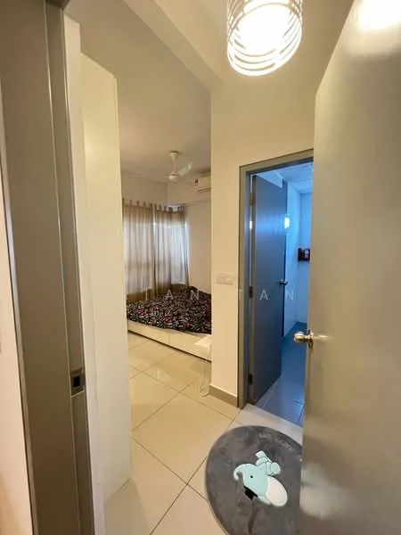 Room features: white painted walls, tile flooring, ceiling fan, curtains, bed with patterned bedding, doorway, light fixture, area rug.