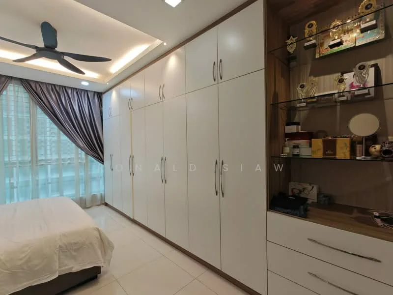 Bedroom features: queen-size bed, white bedding, built-in wardrobe with white doors, glass display shelves, decorative trophies on shelves, floor-to-ceiling windows with sheer curtains, ceiling fan with light, recessed LED downlights, white tiled flooring, wooden accent cabinetry; style: modern; view: city.