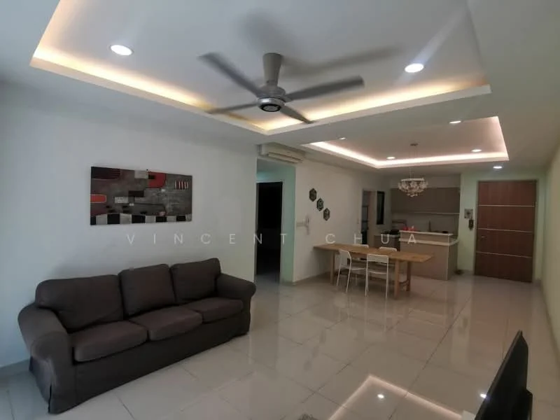 Living features: 3-seater fabric sofa in grey, ceiling fan with integrated LED light, white painted walls, glossy tile flooring, recessed downlights, decorative wall art, open layout to dining area, air conditioning unit; style: modern. Dining features: dining table with chairs, white walls, glossy tile flooring, recessed downlights, open layout to living area, kitchen visible in background; style: modern.