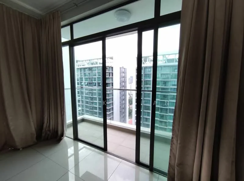 Room features: floor-to-ceiling windows, sliding glass door, cream curtains, white walls, tile flooring, balcony view, city skyline view; style: modern; view: city.