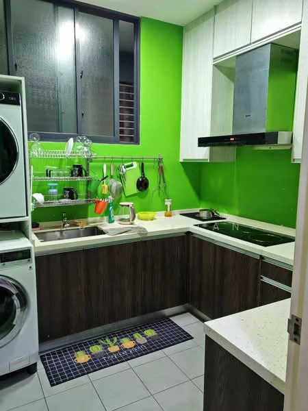 Kitchen features: green painted walls, white upper cabinets, dark wood lower cabinets, white quartz countertop, stainless-steel sink, chrome pull-down faucet, built-in induction hob, stainless-steel range hood, front-load washing machine, ceramic tile flooring, window with black frames, hanging pot rack, kitchen utensils on rack, decorative kitchen mat; style: modern.