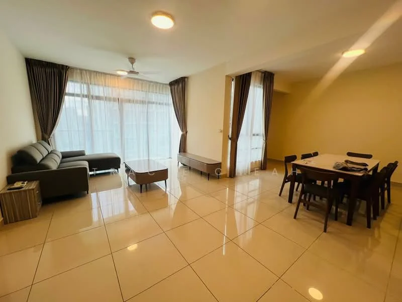 Living features: grey fabric sofa, coffee table, dining table with chairs, floor-to-ceiling windows, sheer curtains, recessed downlights, ceiling fan, glossy tile flooring, neutral painted walls; style: modern.