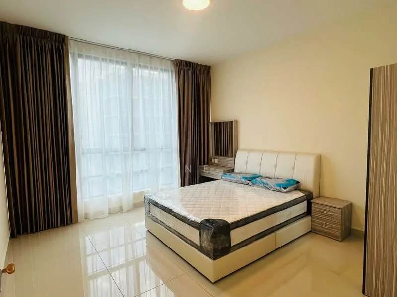 Bedroom features: queen-size bed, upholstered headboard, bedside tables, floor-to-ceiling windows, sheer curtains, brown curtain drapes, light-colored walls, glossy tile flooring, built-in wardrobe, decorative wall mirror; style: modern.