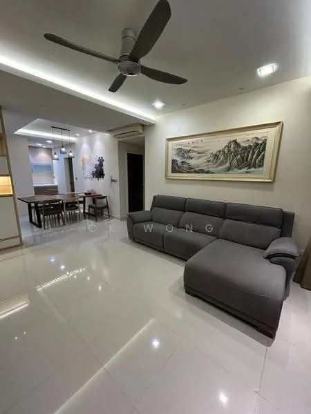 Living features: 3-seater fabric sofa in grey, L-shape sectional sofa, coffee table, wall-mounted TV, recessed LED downlights, 5-blade ceiling fan, white painted walls, glossy tile flooring, decorative artwork on wall, open layout to dining area; style: modern. Dining features: 6-seater dining table, wooden dining chairs, pendant lighting above table, white painted walls, glossy tile flooring; style: modern.