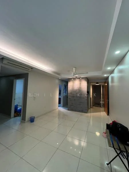 Room features: white painted walls, grey accent wall, glossy tile flooring, recessed LED downlights, ceiling fan, open layout, doorway leading to another room, wall-mounted light fixtures, built-in cabinetry, neutral color scheme; style: modern.