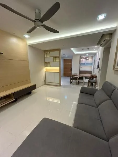 Living features: grey fabric sofa, 3-seater sofa, ceiling fan with light, recessed LED downlights, wall-mounted TV console, light wood paneling, white tiled flooring, dining table with chairs visible in background, air conditioning unit, open layout to dining area; style: modern.