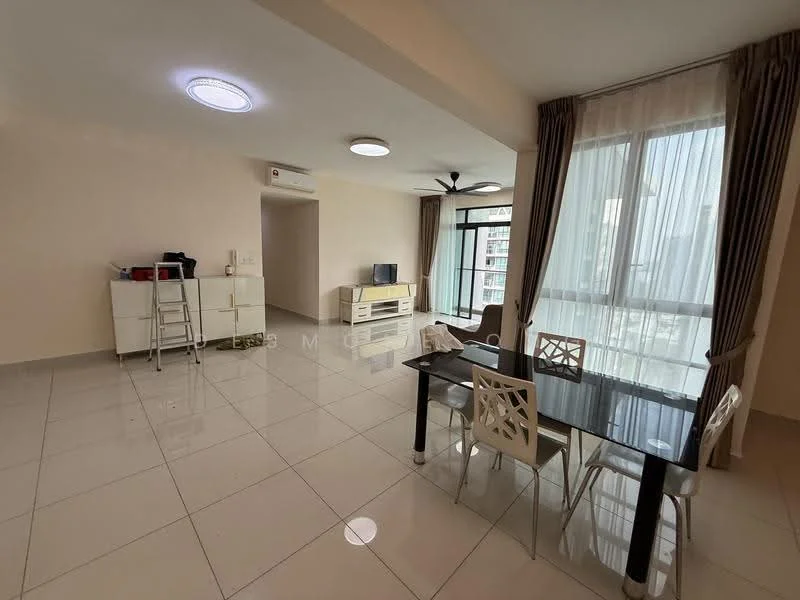 Living features: white painted walls, glossy tile flooring, 5-blade ceiling fan with light, recessed downlights, floor-to-ceiling windows, sheer curtains, TV console, white cabinet, dining table with 4 chairs, ladder, sofa, decorative wall clock; style: modern; view: city.
