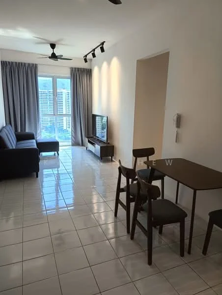 Living features: 3-seater fabric sofa in dark grey, floor-to-ceiling windows, white walls, recessed downlights, 2-blade ceiling fan, TV console, wall-mounted TV, glossy white tile flooring, curtains in light grey, dining table with 2 chairs; style: modern; view: city.