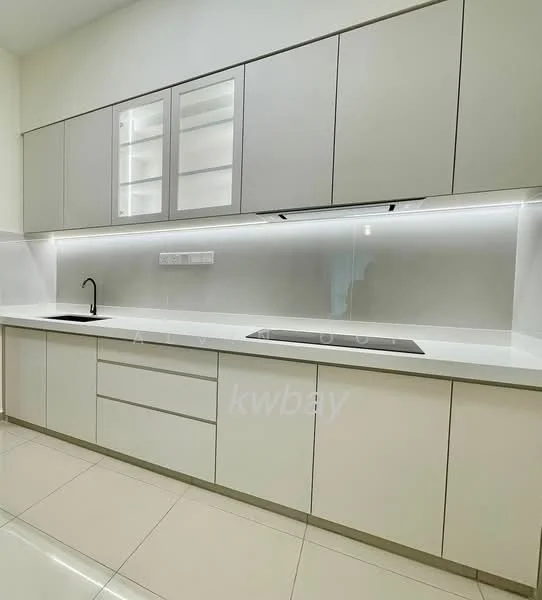 Kitchen features: white cabinetry with flat-panel doors, glass-front upper cabinets, white quartz countertop, stainless-steel sink, chrome pull-down faucet, built-in stove with hood, white tiled backsplash, recessed LED downlights, polished ceramic tile flooring, under-cabinet lighting; style: modern.